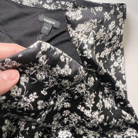 EXPRESS Dress Size L Black Sliver Floral Satin Strapless Midi Slip Lined Worn 1X - Picture 13 of 14